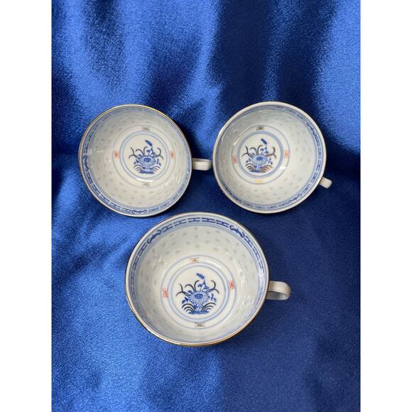 Set of 3 Chinese Grain of Rice Porcelain Tea Cup and Saucer - Picture 4 of 9